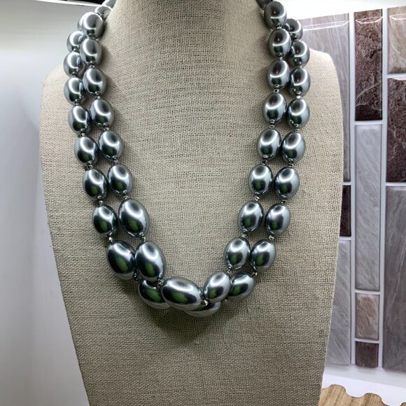 Talbots Gray Faux Pearl Beaded Double Strands Necklace - Picture 2 of 7